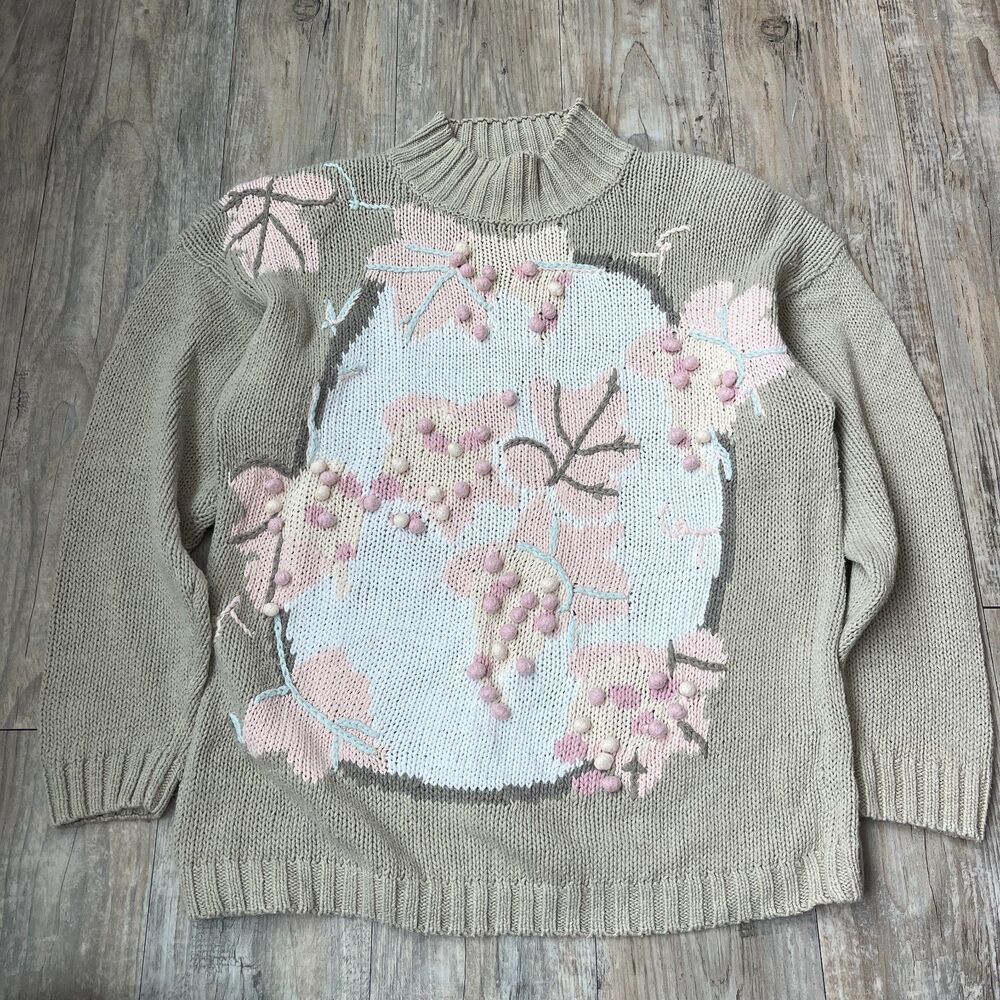 Vintage Embroidered Sweater Granny Core Tan Turtlneck Knit Oversized Medium Fall